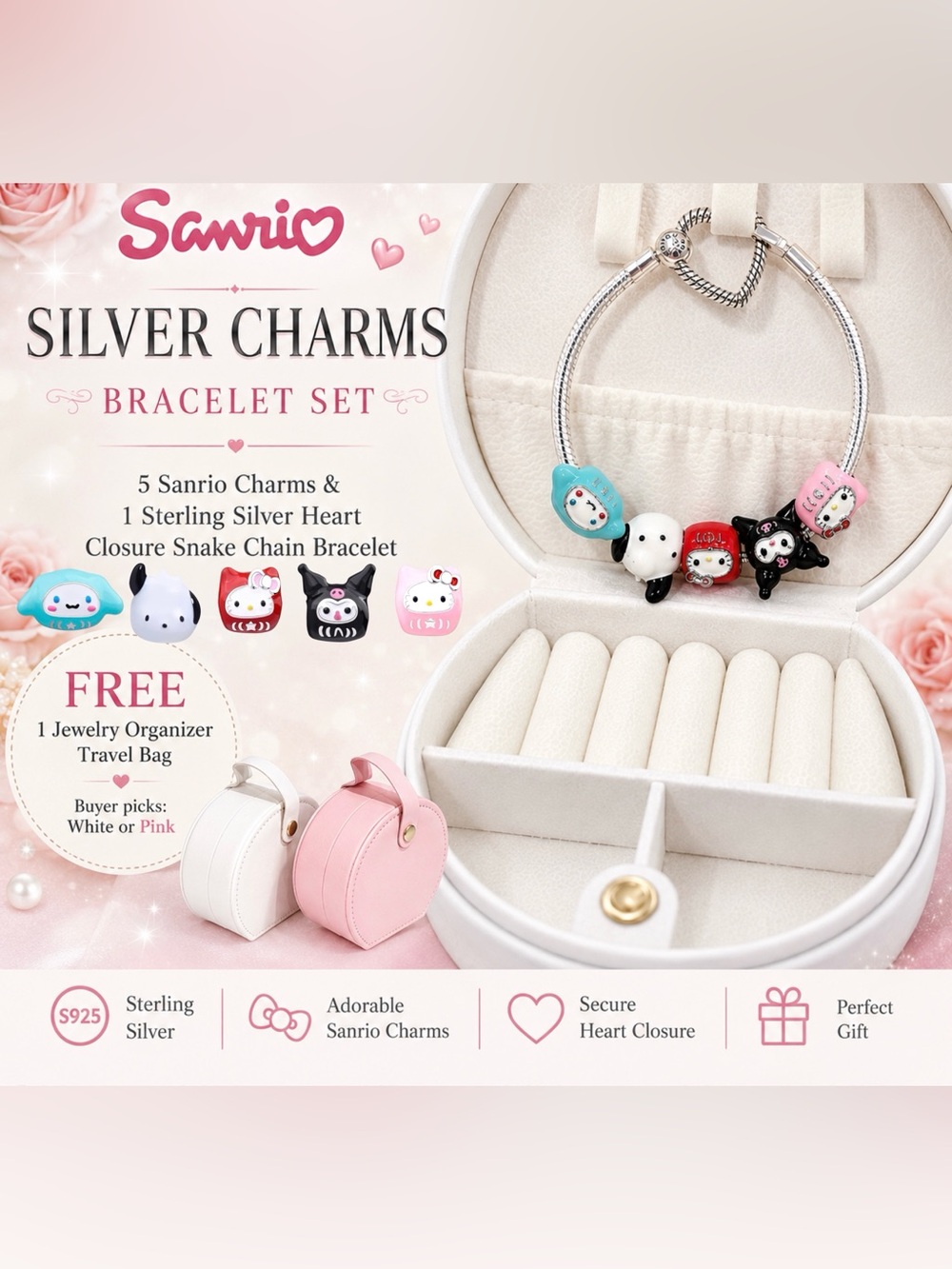 Sterling Silver Heart Closure Snake Chain Bracelet & Silver Sanrio Charms w/bag